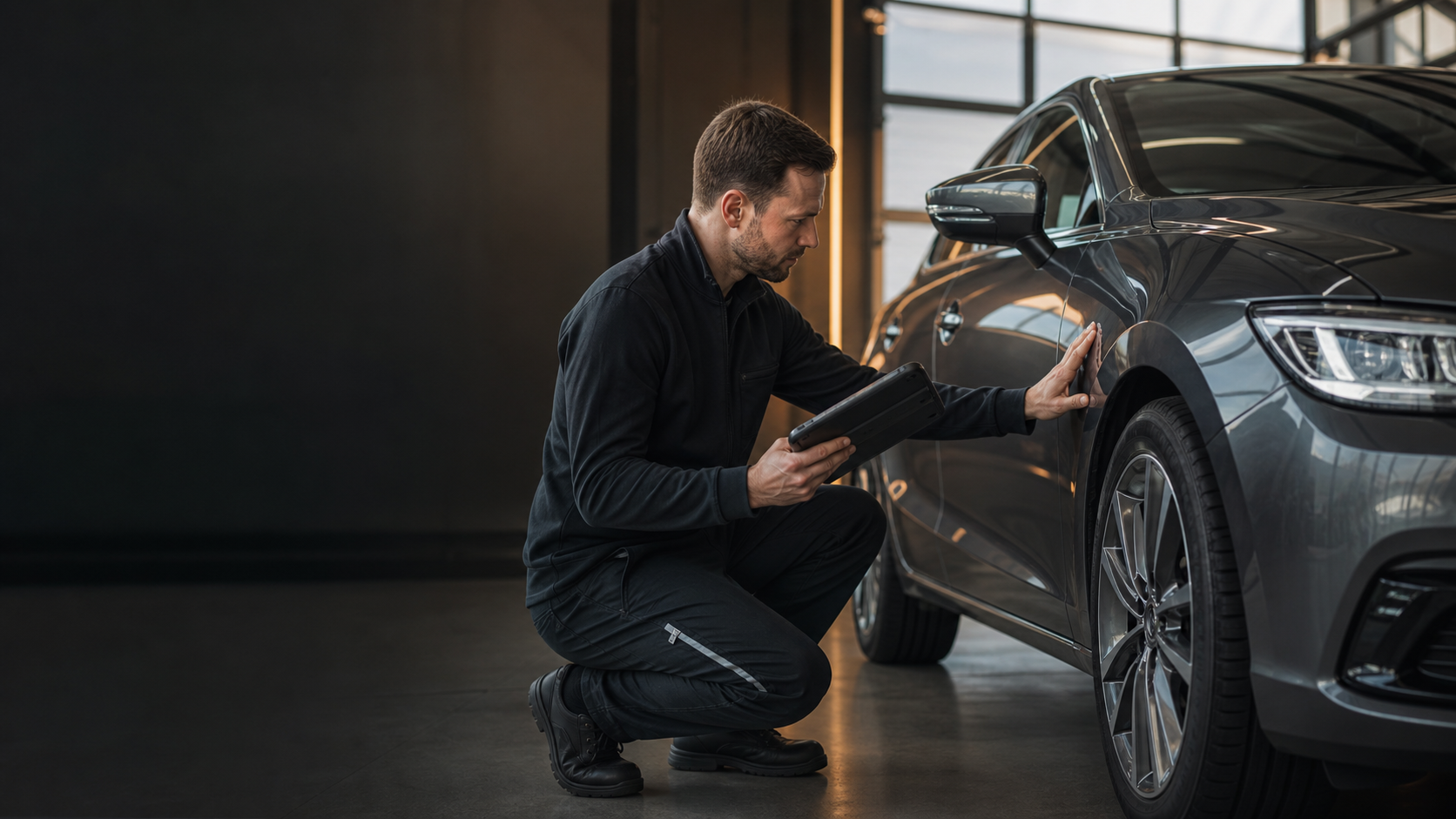Onafhankelijke inspecteur controleert een auto met professionele diagnoseapparatuur